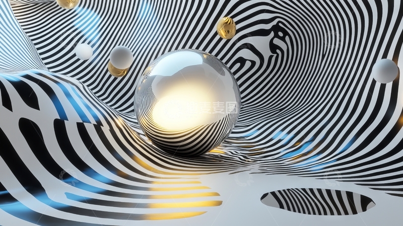 高清大图下载【趣麦麦图】抽象条纹空间中的金属球体