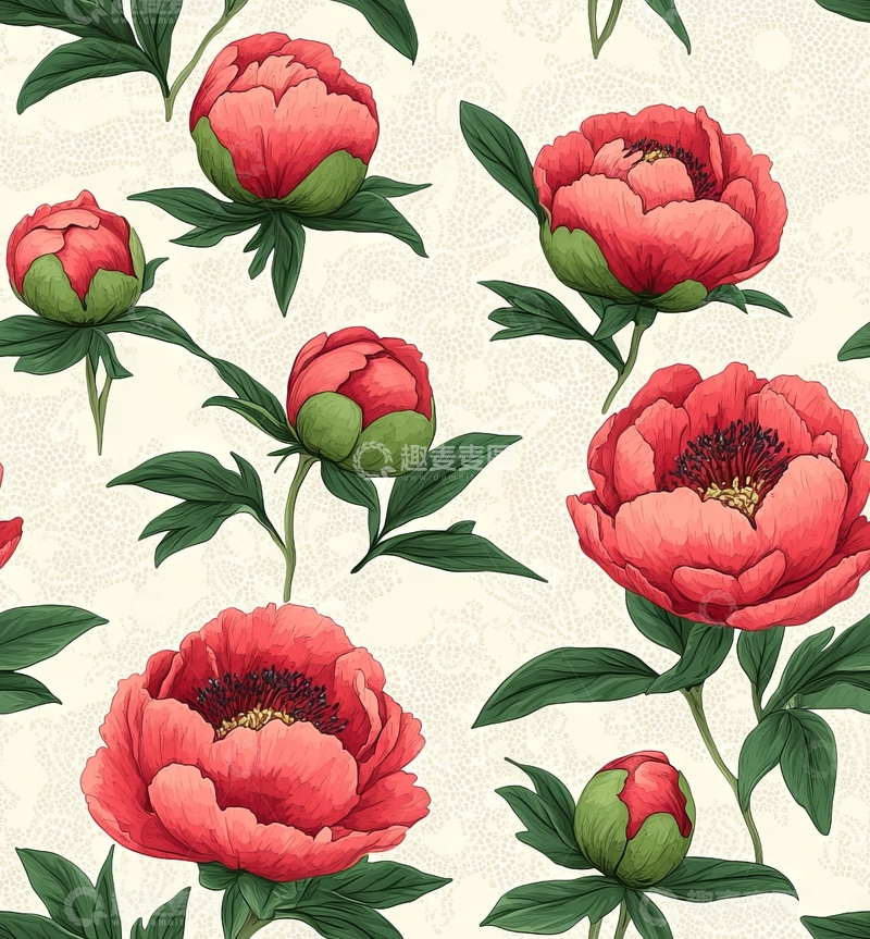 高清大图下载【趣麦麦图】红色牡丹花卉图案