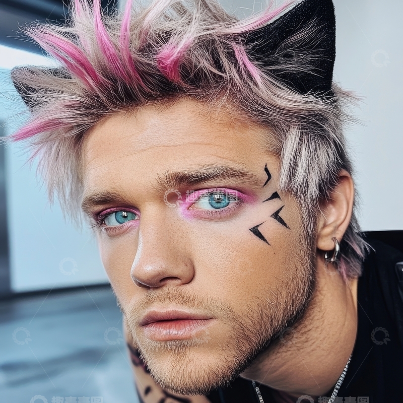 高清大图下载【趣麦麦图】彩色发型与独特妆容的男性肖像