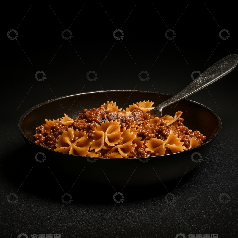 高清大图下载【趣麦麦图】黑色平底锅中的蝴蝶面配肉酱