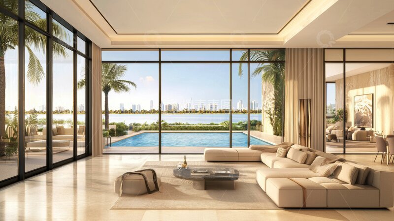 高清大图下载【趣麦麦图】现代豪华客厅与泳池景观