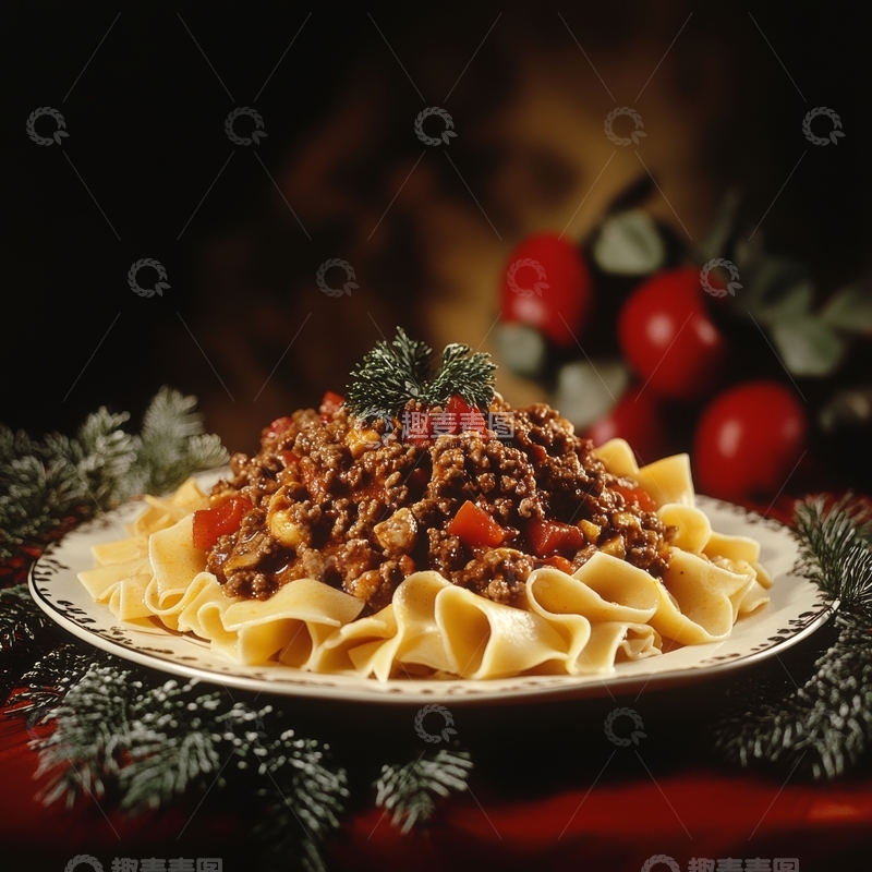高清大图下载【趣麦麦图】宽面条配肉酱，节日装饰环绕