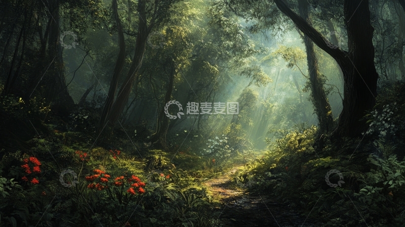 高清大图下载【趣麦麦图】阳光穿透森林，照亮幽静小径