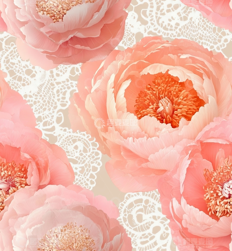 高清大图下载【趣麦麦图】粉色花朵与蕾丝背景的精美图案
