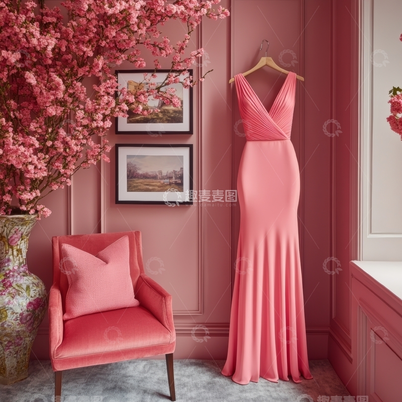 高清大图下载【趣麦麦图】粉色礼服与室内装饰的优雅搭配