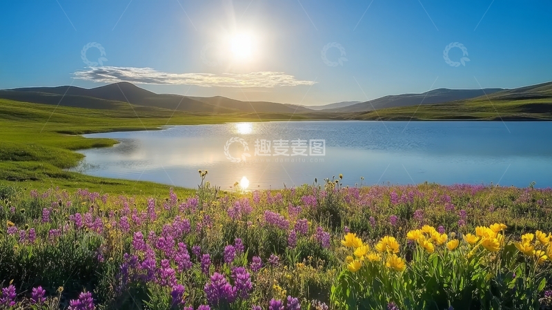 高清大图下载【趣麦麦图】湖畔花海日出美景