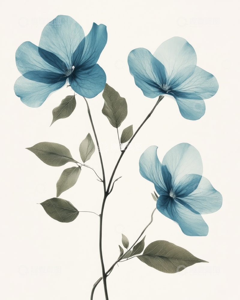 高清大图下载【趣麦麦图】蓝色花朵与绿叶的艺术插画