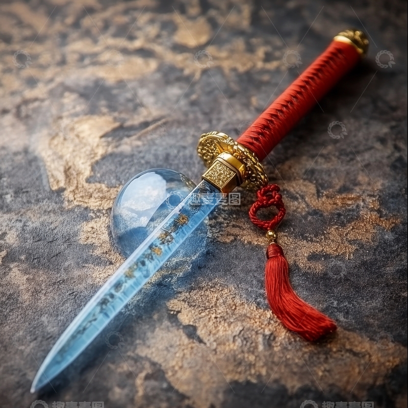 高清大图下载【趣麦麦图】蓝水晶剑配红色流苏装饰