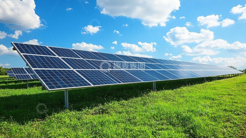 高清大图下载【趣麦麦图】太阳能板在蓝天下的绿色田野中