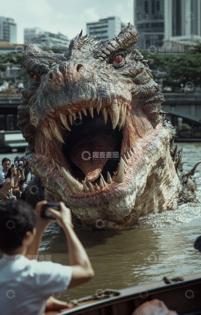 高清大图下载【趣麦麦图】城市河流中巨大恐龙模型引游客拍照