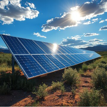 太阳能板在晴朗天空下的田野中