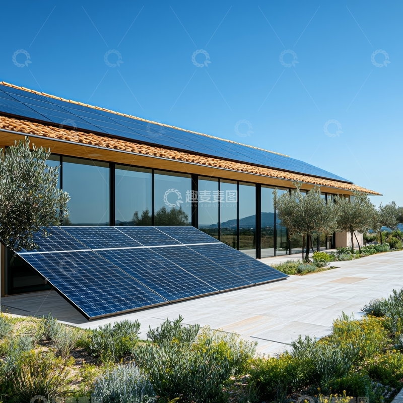 高清大图下载【趣麦麦图】现代建筑屋顶与地面安装的太阳能板