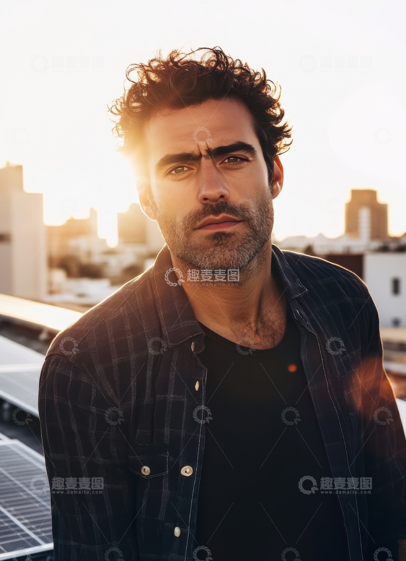 高清大图下载【趣麦麦图】屋顶上的男子，夕阳背景
