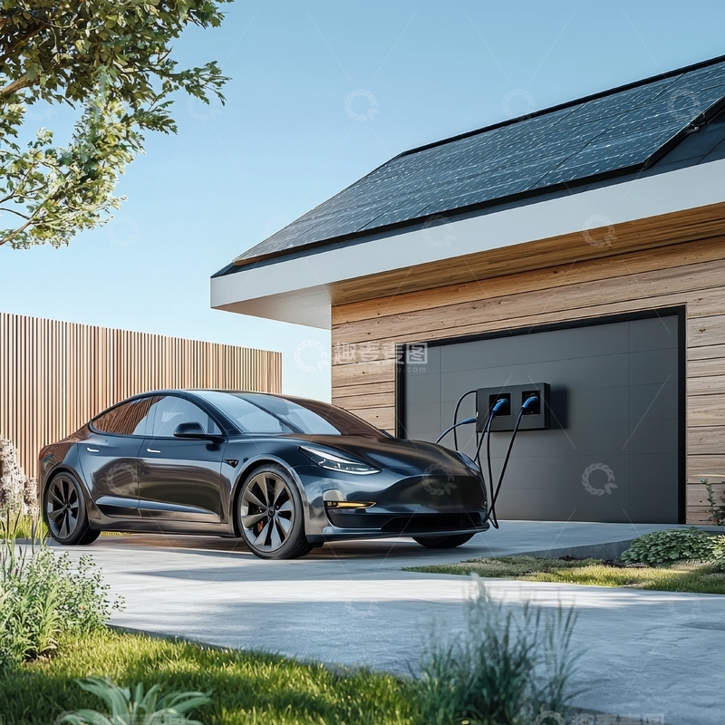 高清大图下载【趣麦麦图】电动汽车停在装有太阳能板的车库前