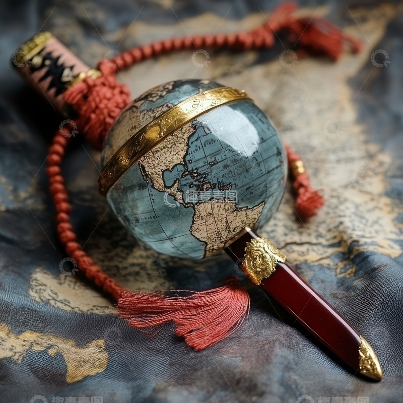 高清大图下载【趣麦麦图】复古地球仪与装饰剑的组合