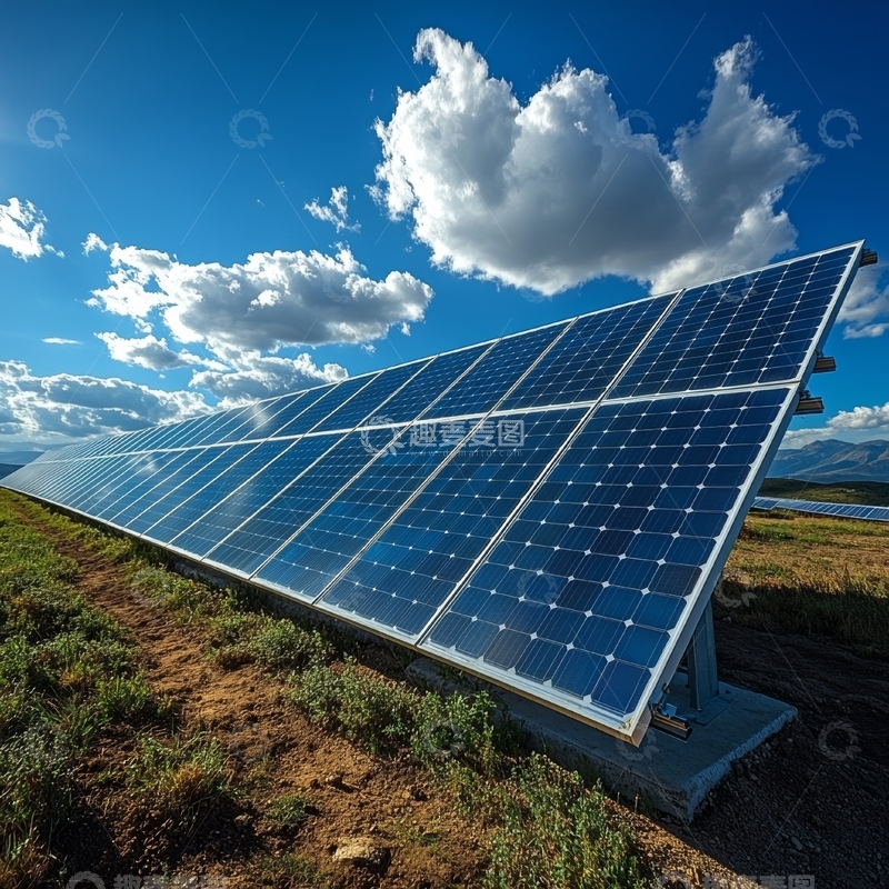 高清大图下载【趣麦麦图】太阳能板在蓝天白云下的田野中