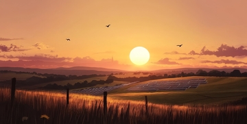 夕阳下的太阳能板与田野