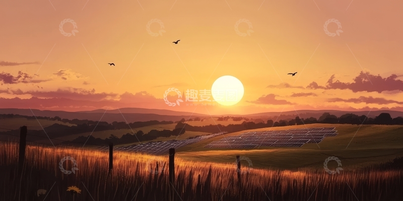 高清大图下载【趣麦麦图】夕阳下的太阳能板与田野