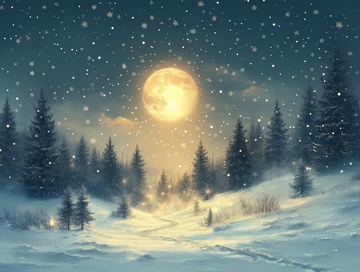 冬夜雪景，明月高悬