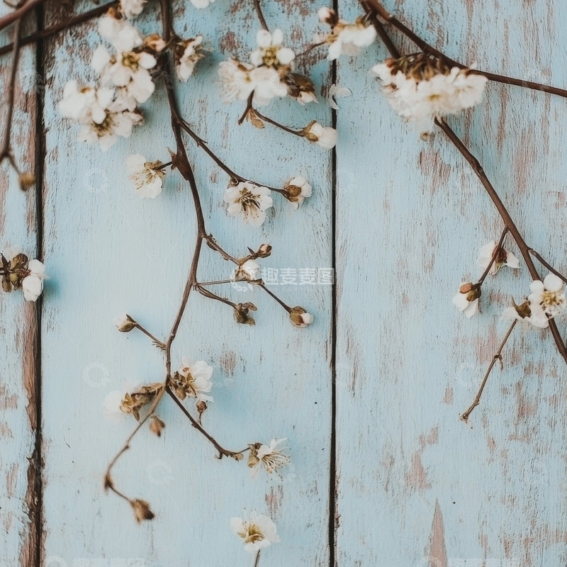高清大图下载【趣麦麦图】白色小花枝条置于浅蓝木板背景