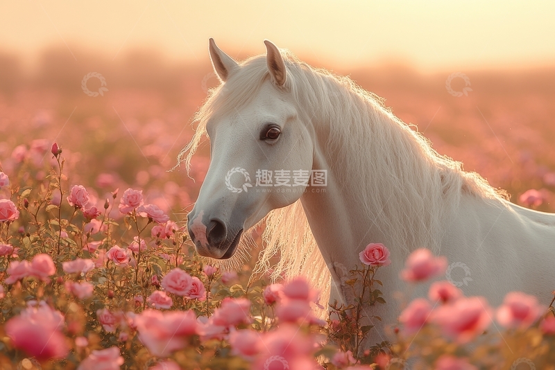 高清大图下载【趣麦麦图】白色骏马置身于粉红花海中
