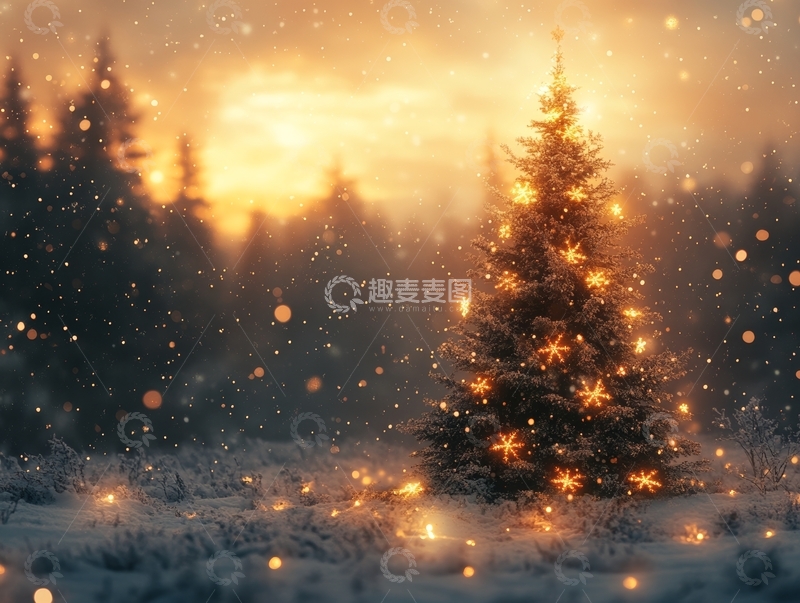 高清大图下载【趣麦麦图】雪中闪烁的圣诞树