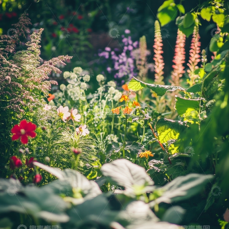高清大图下载【趣麦麦图】花园中的多彩花卉与绿叶