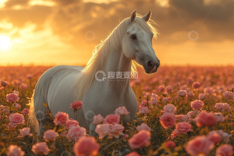 高清大图下载【趣麦麦图】夕阳下，白马漫步于玫瑰花田