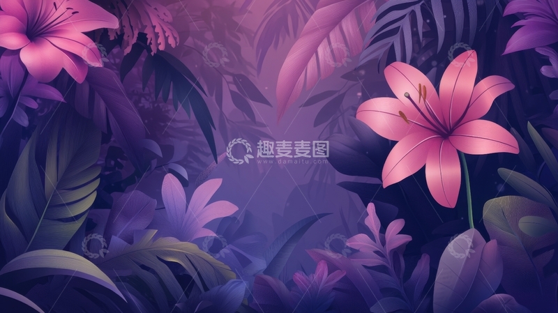 高清大图下载【趣麦麦图】紫色梦幻森林中的粉色花朵