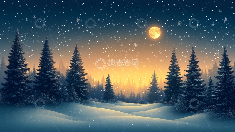 高清大图下载【趣麦麦图】冬夜雪景，月光下的松林