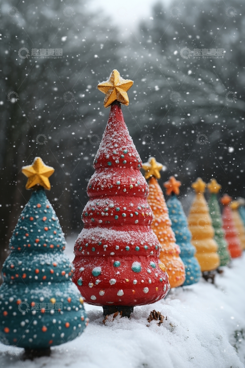 高清大图下载【趣麦麦图】雪中色彩斑斓的圣诞树装饰