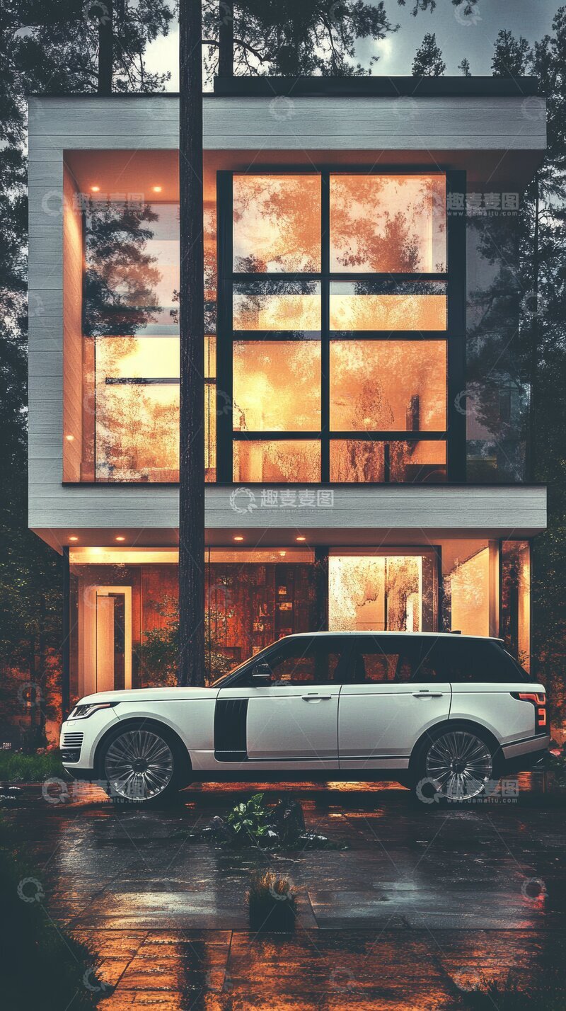 高清大图下载【趣麦麦图】现代豪宅前停着豪华SUV