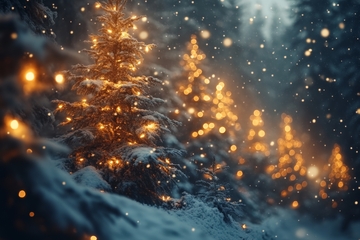 冬夜雪景中的灯火松树