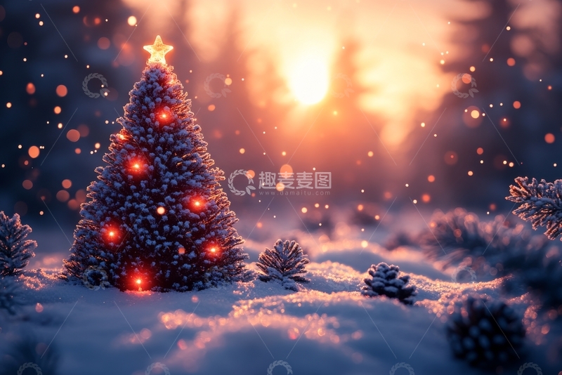 高清大图下载【趣麦麦图】雪中闪烁的圣诞树