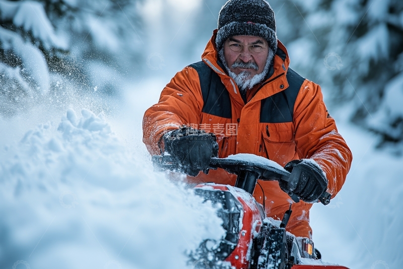 高清大图下载【趣麦麦图】雪地中的男子操作除雪机