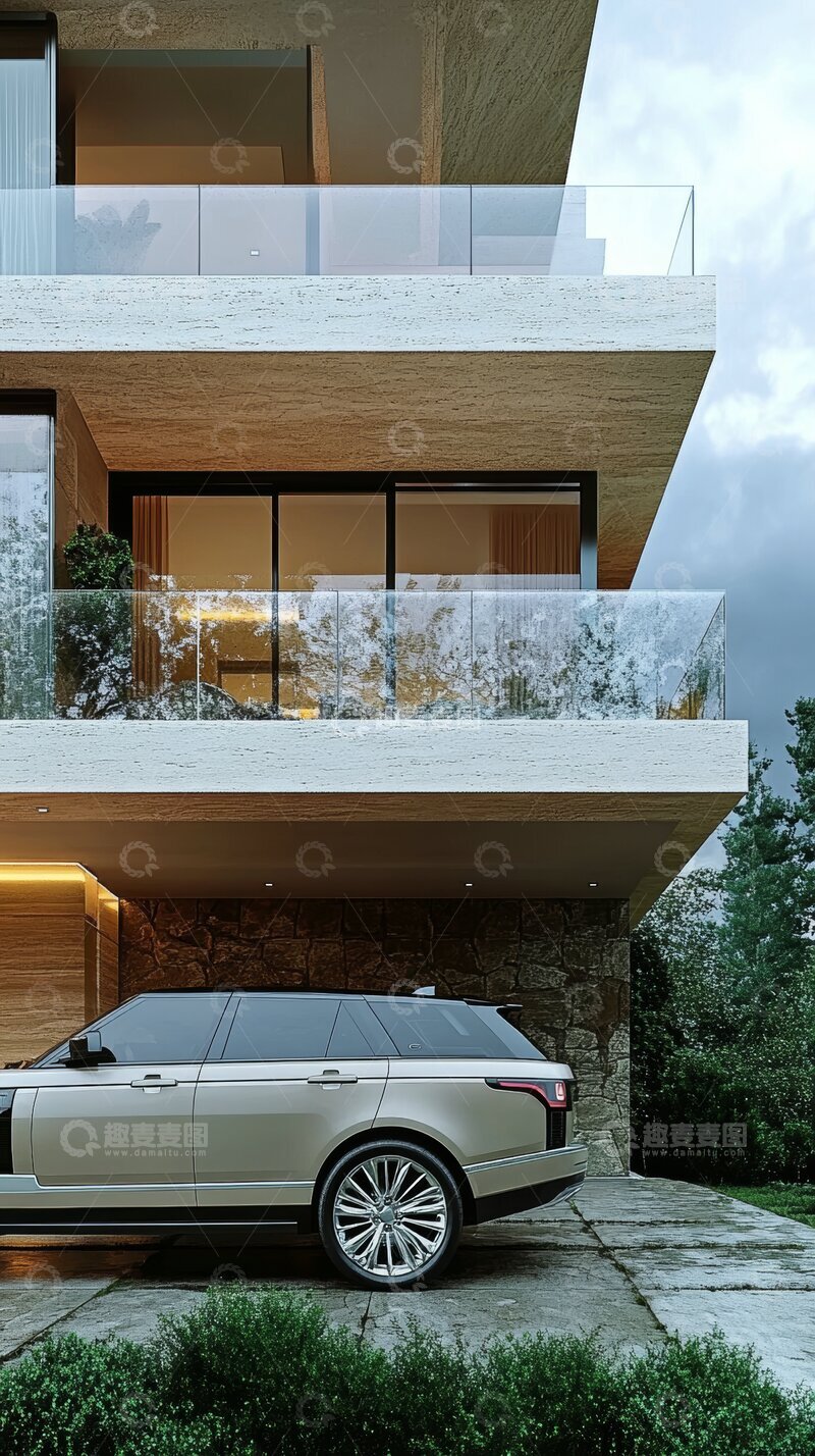 高清大图下载【趣麦麦图】现代豪宅前停着豪华SUV