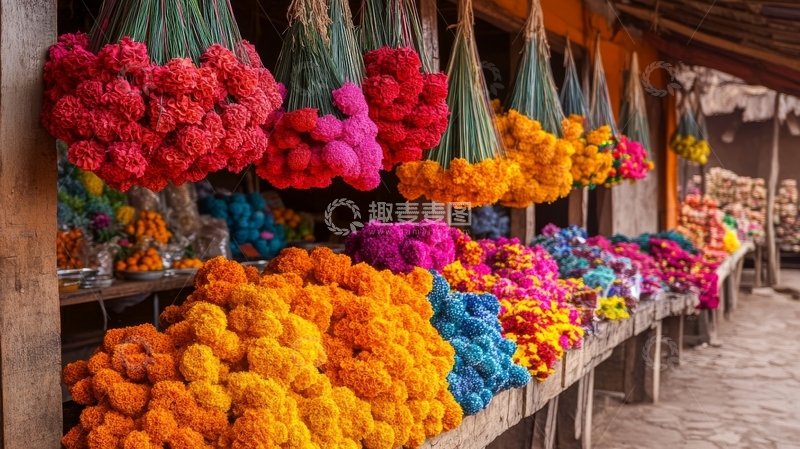 色彩斑斓的花卉市场摊位