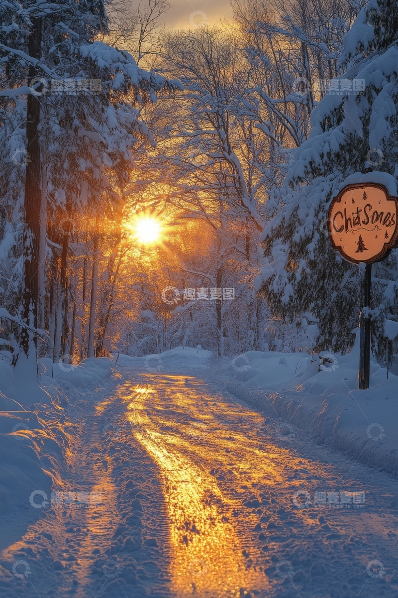 高清大图下载【趣麦麦图】冬日雪林小径夕阳