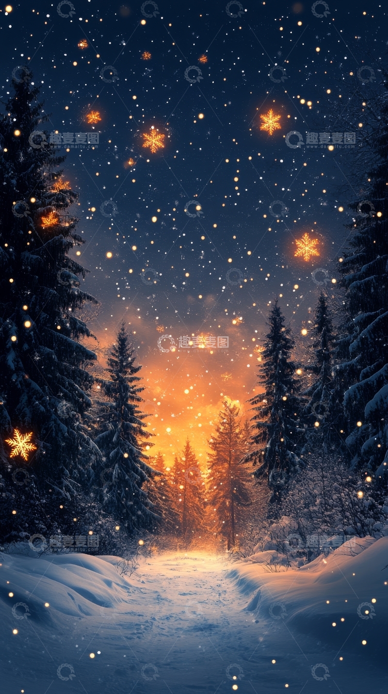 高清大图下载【趣麦麦图】冬夜森林星光小径