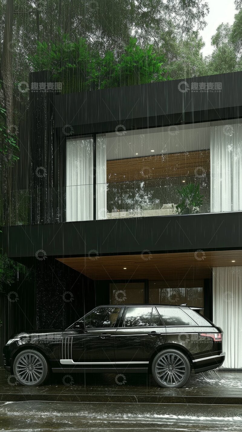 高清大图下载【趣麦麦图】雨中现代建筑前停着豪华SUV