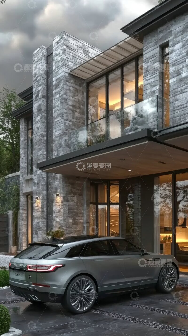 高清大图下载【趣麦麦图】现代豪宅前停着豪华SUV