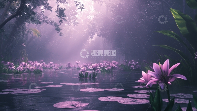 高清大图下载【趣麦麦图】梦幻紫色莲花池