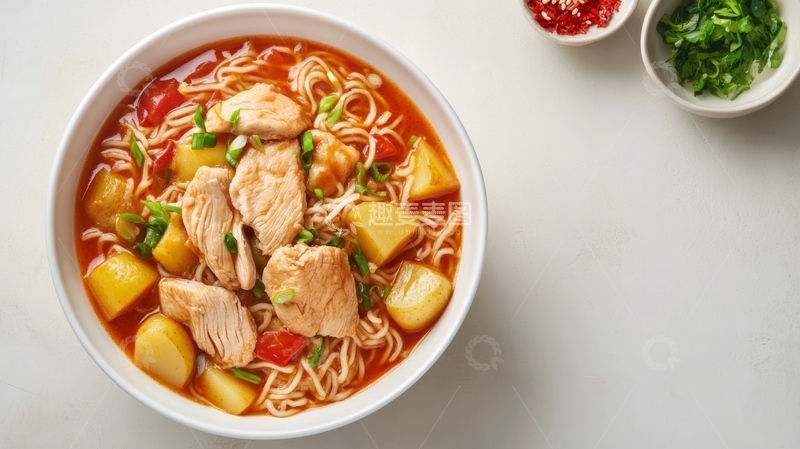 高清大图下载【趣麦麦图】鸡肉番茄面，搭配蔬菜与香料