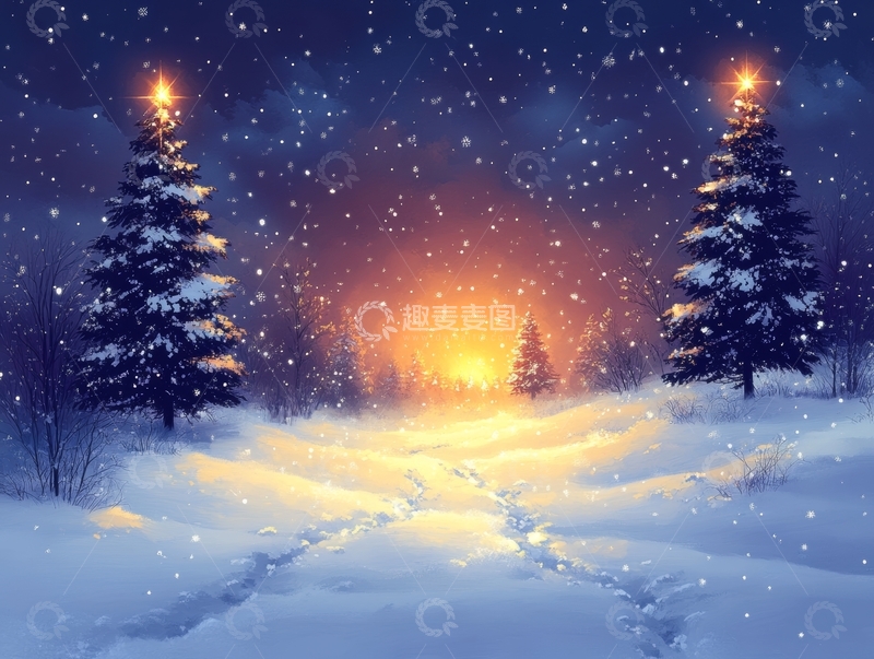 高清大图下载【趣麦麦图】雪夜松林小径