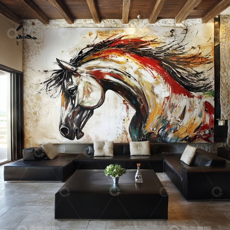 高清大图下载【趣麦麦图】现代客厅中的抽象骏马壁画