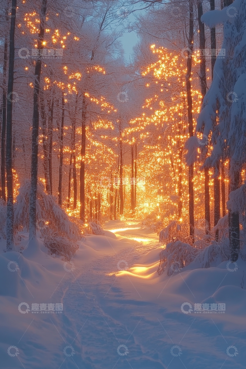 高清大图下载【趣麦麦图】冬日森林小径，灯光点缀如梦似幻