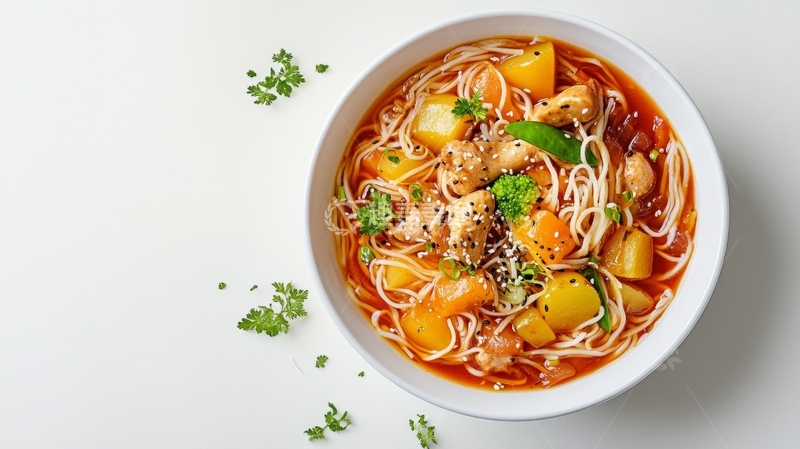 高清大图下载【趣麦麦图】美味鸡肉面汤，配以蔬菜和香草