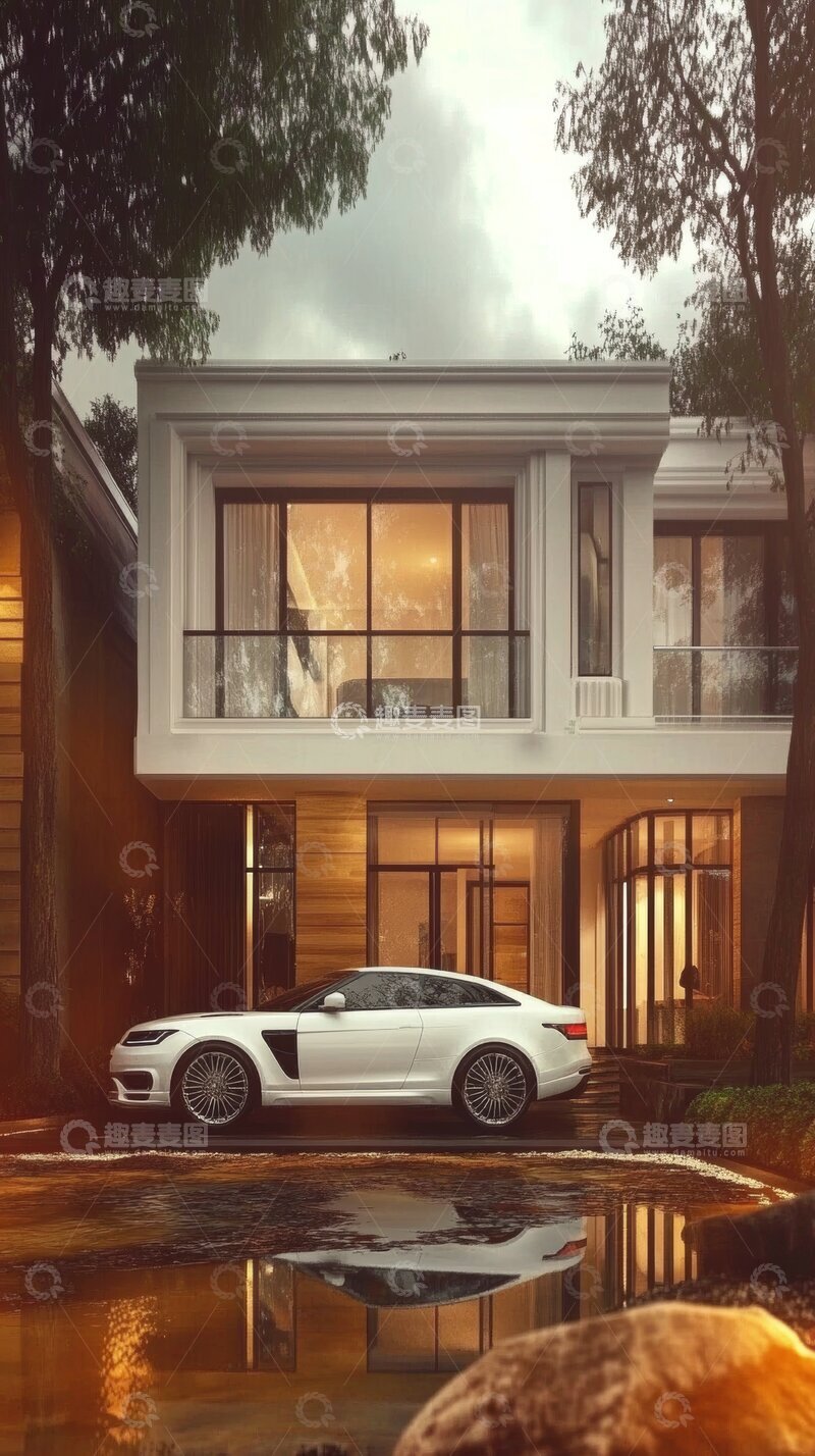 高清大图下载【趣麦麦图】现代豪宅前停着一辆白色跑车