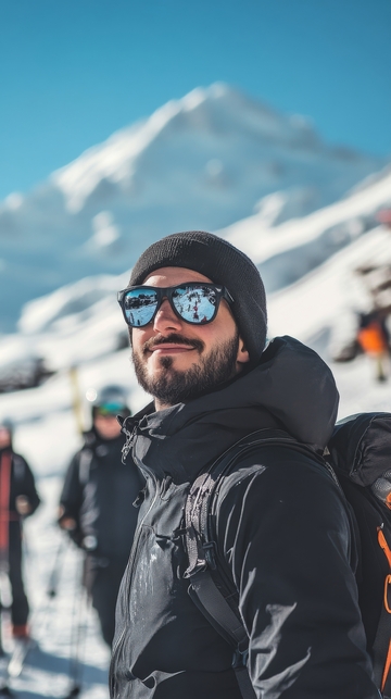 雪山背景下，戴墨镜的男子微笑