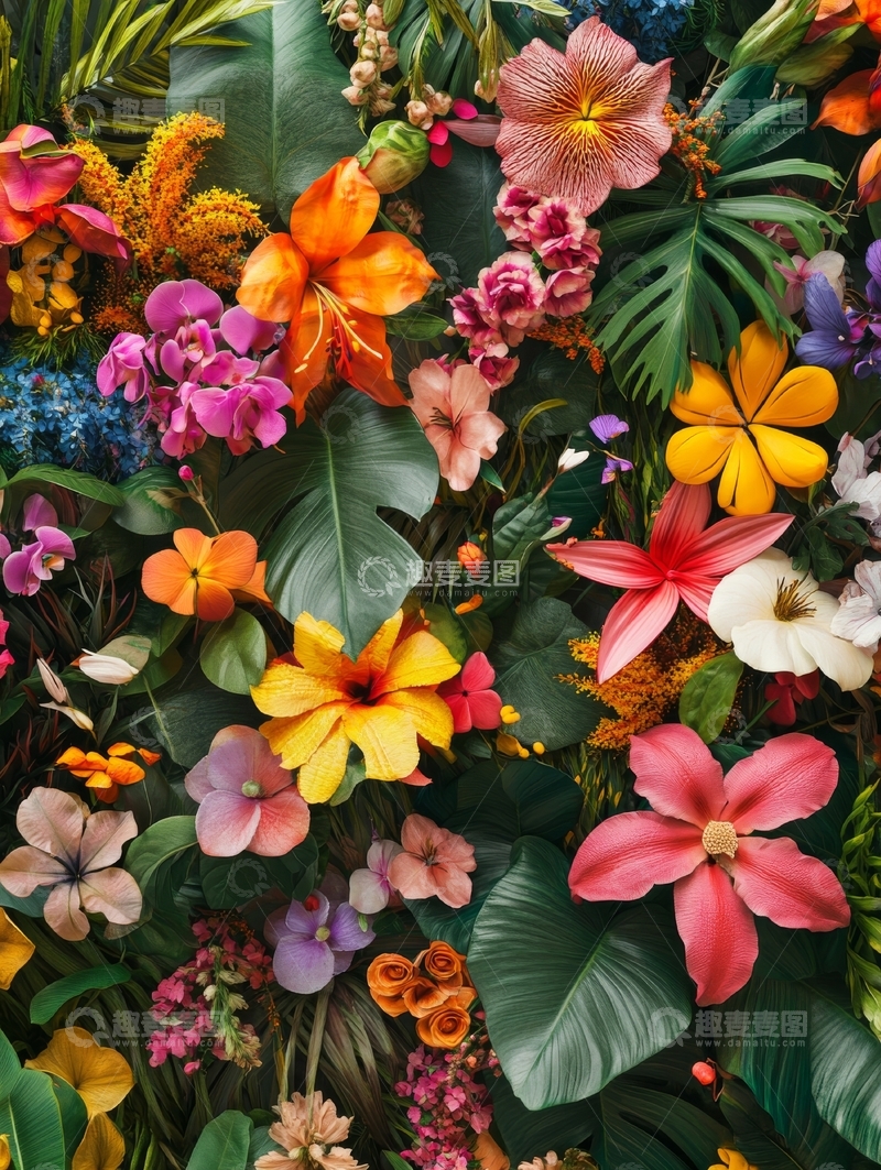 高清大图下载【趣麦麦图】多彩热带花卉墙